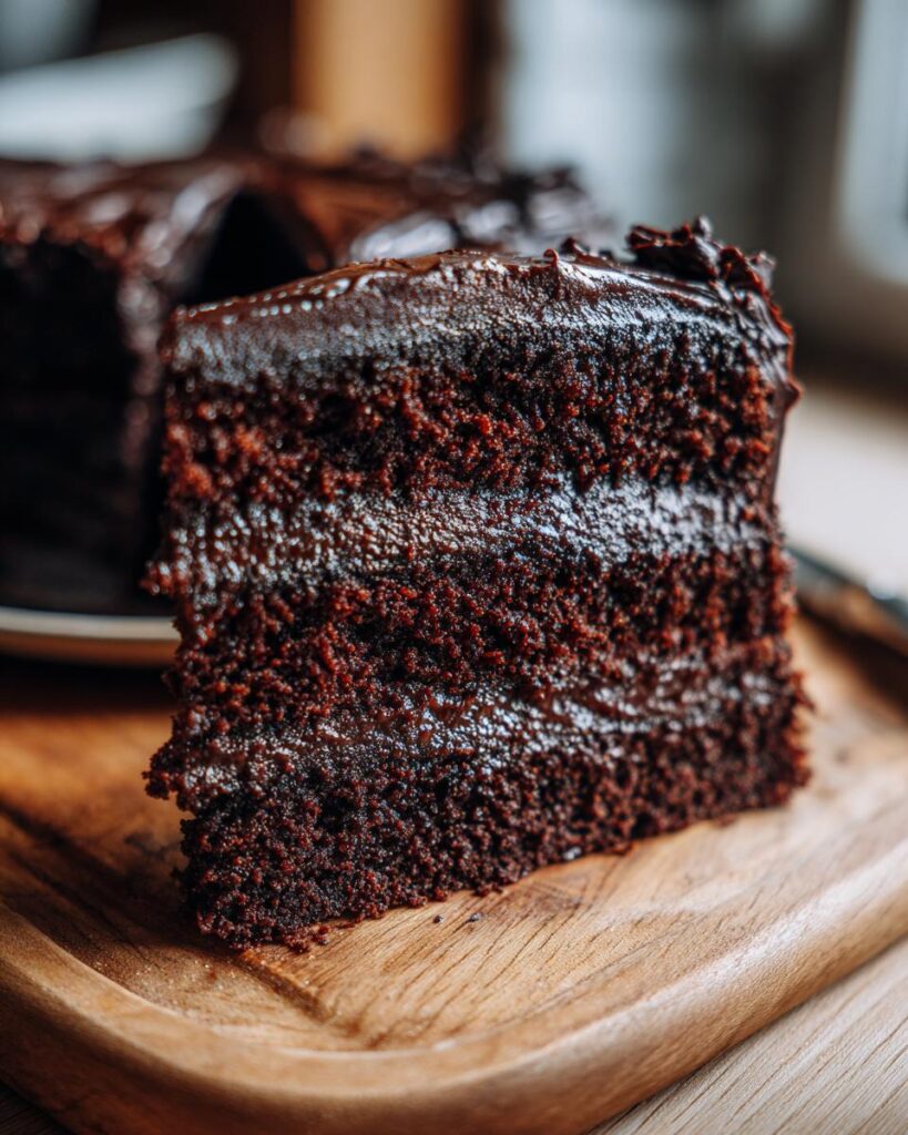 Close-up of a slice of the chocolate cake, a must-try chocolate recipe.