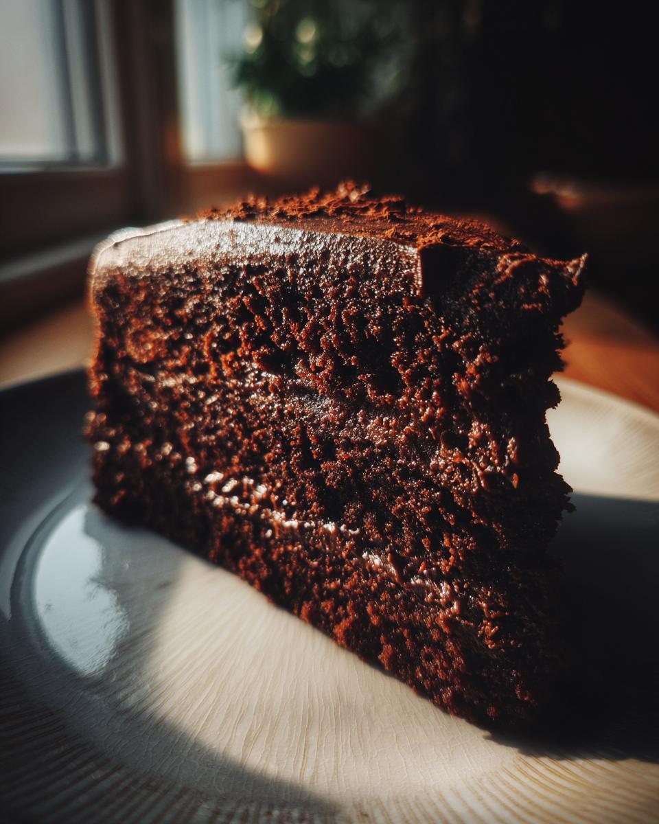 Close-up of a slice of the famous chocolate cake, the chocolate recipe everyone is talking about.