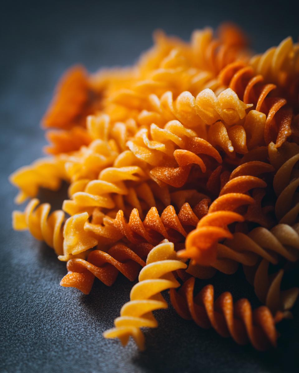 Close-up of colorful fusilli pasta, perfect for a Spring Meals Delicious Vegetable Pasta recipe.