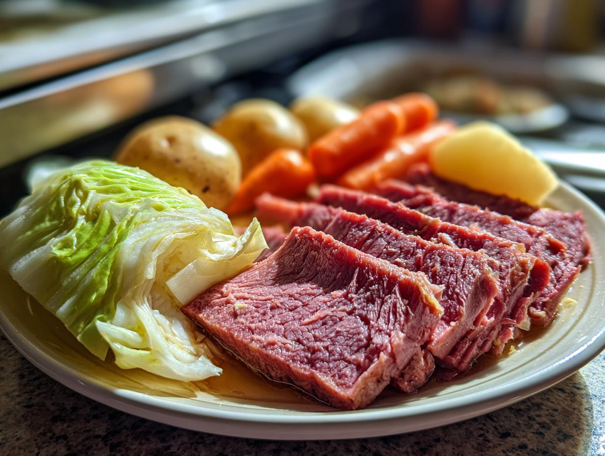 Plate of sliced corned beef with cabbage, potatoes, and carrots. A classic Corned Beef with Cabbage meal.