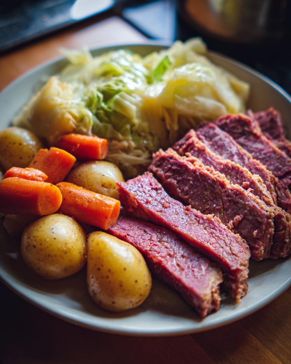 A plate of Corned Beef with Cabbage, carrots, and potatoes, a classic Irish-American meal.