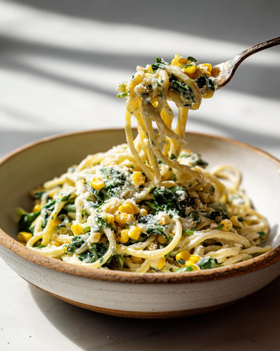 Amazing Cream Cheese Pasta with Corn: 30 Min Meal 3 Close-up of Cream Cheese Pasta with Corn and Spinach in a bowl, with a fork lifting some pasta.