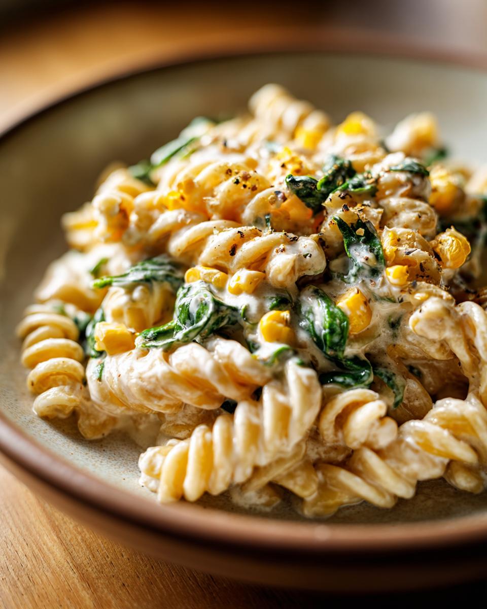 Amazing Cream Cheese Pasta with Corn: 30 Min Meal 5 Close-up of Cream Cheese Pasta with Corn and Spinach in a bowl, showing the creamy sauce and ingredients.