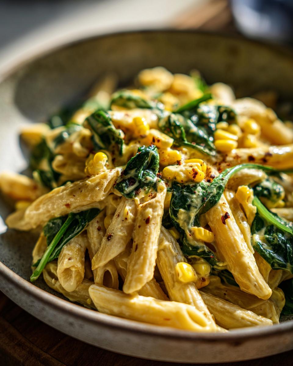 Amazing Cream Cheese Pasta with Corn: 30 Min Meal 2 Close-up of Cream Cheese Pasta with Corn and Spinach in a bowl, showing the creamy sauce and fresh ingredients.