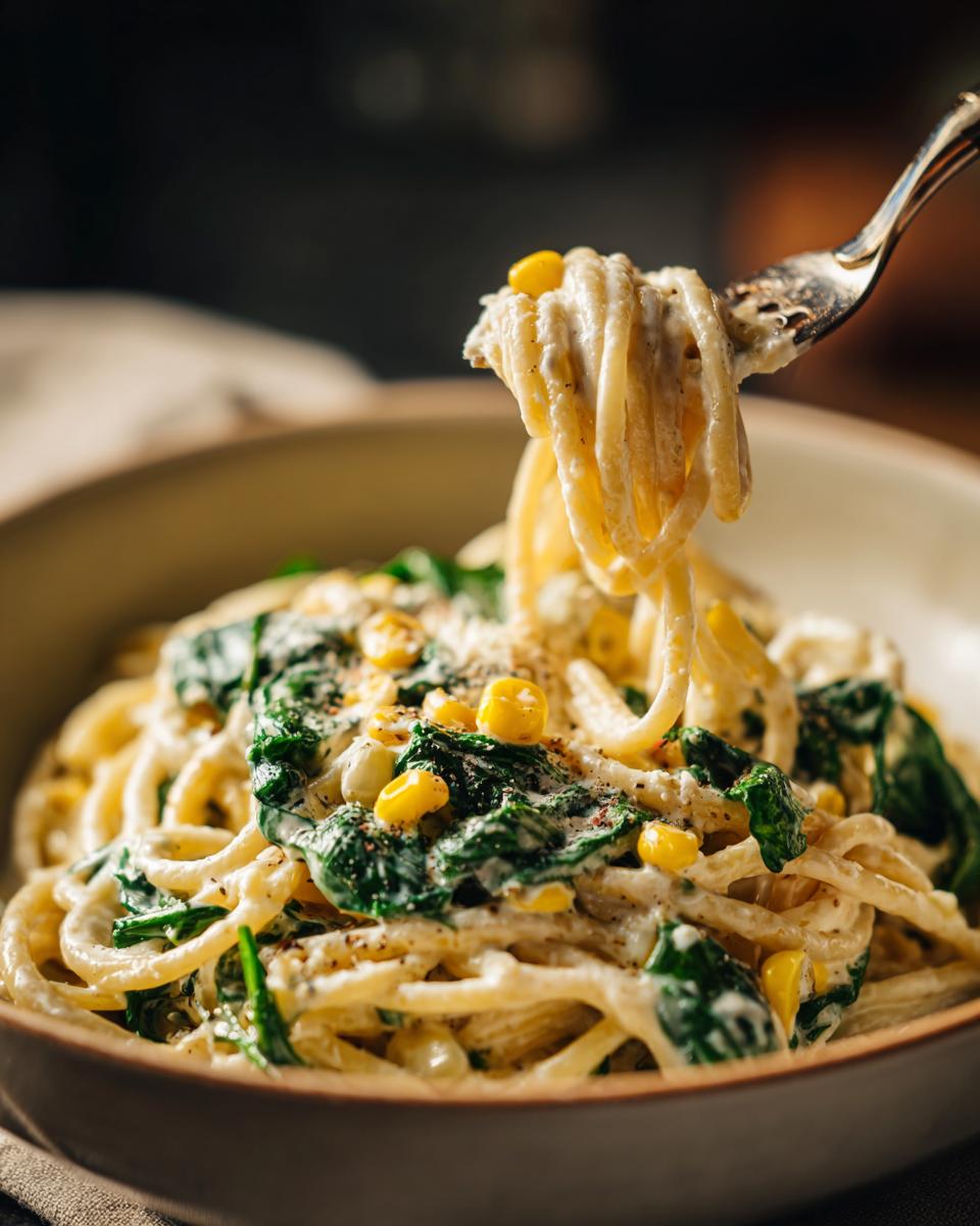 Amazing Cream Cheese Pasta with Corn: 30 Min Meal 4 Close-up of Cream Cheese Pasta with Corn and Spinach, with pasta on a fork.