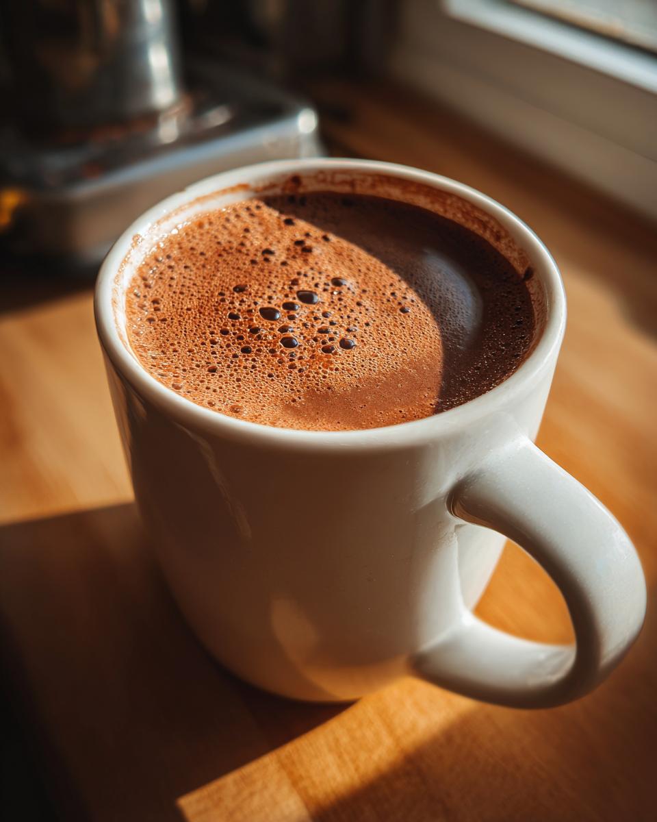 A close-up of a mug filled with The Creamiest Chocolate, with a frothy top.