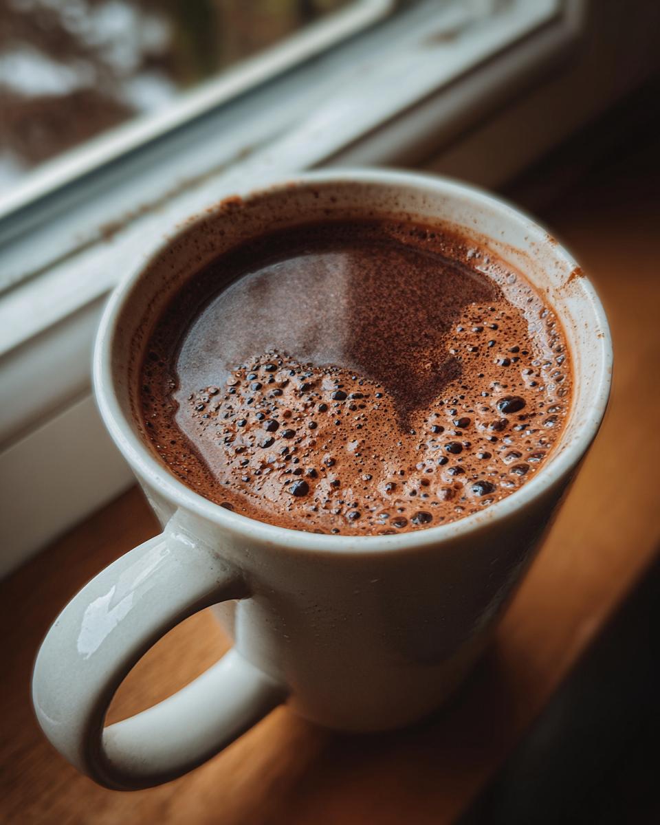 Close-up of a mug filled with the Creamiest Chocolate Recipe, showing a rich, foamy texture.