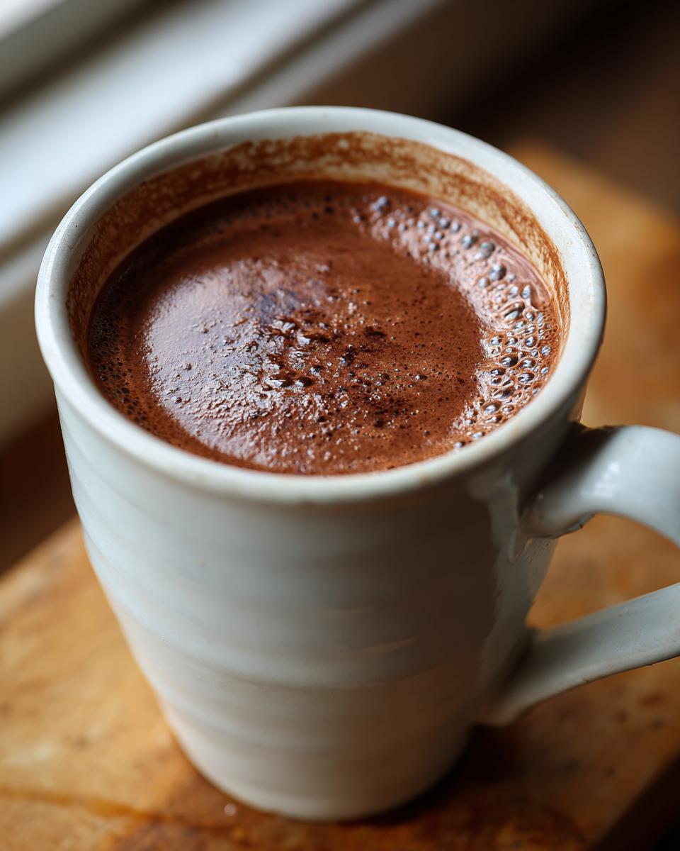 Close-up of a mug filled with the Creamiest Chocolate Recipe, a rich and decadent drink.