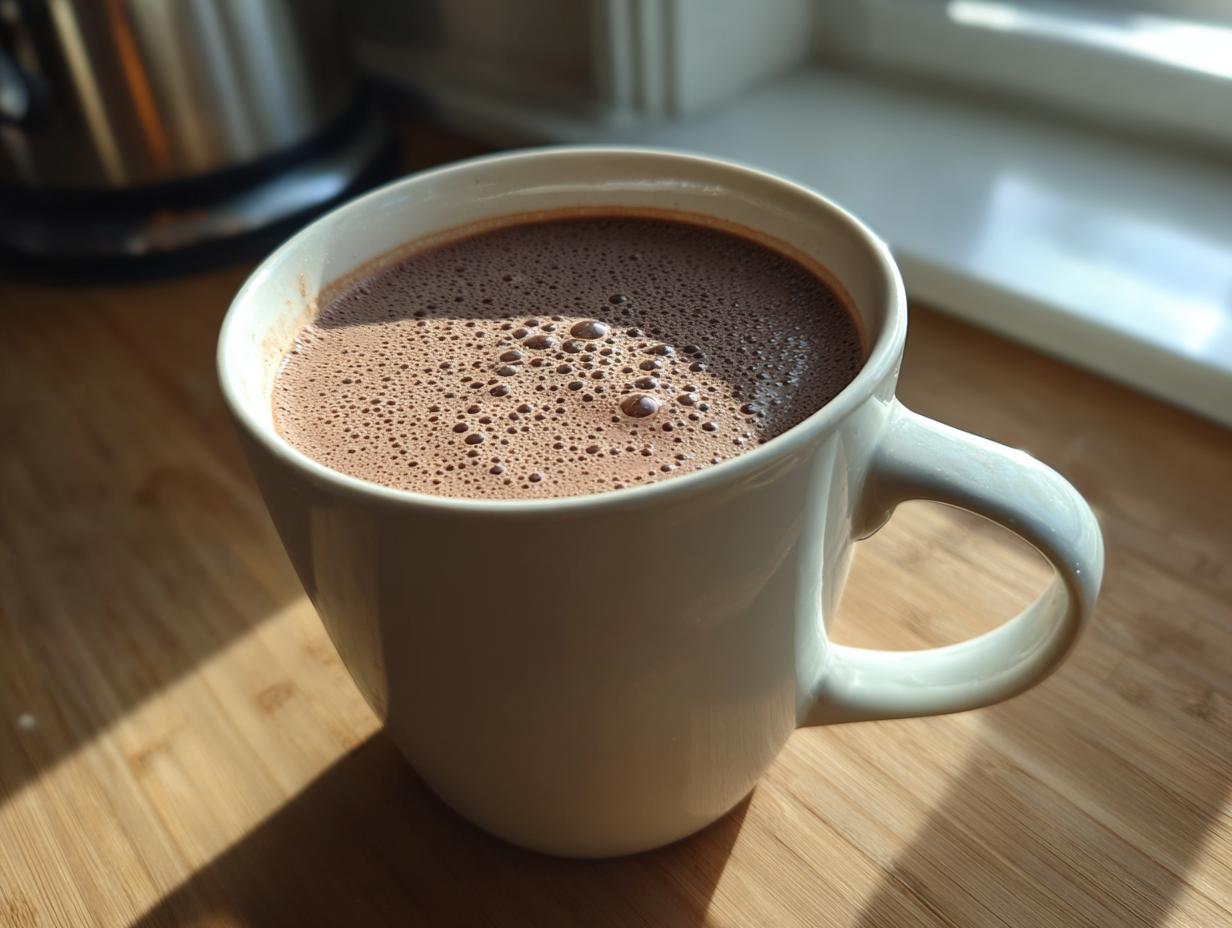 A mug filled with the Creamiest Chocolate Recipe, with a foamy top.