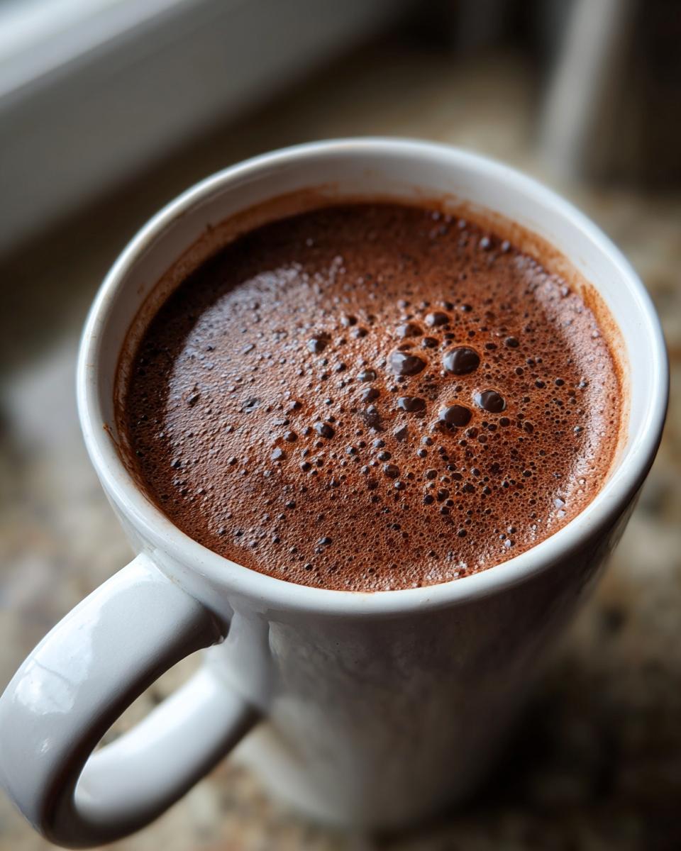 Close-up of a mug filled with the Creamiest Chocolate Recipe on Social Media, with a frothy top.