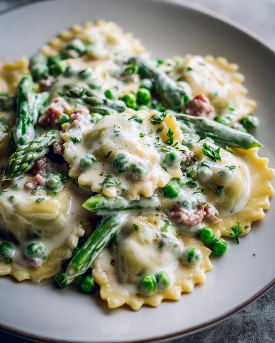 Close-up of Creamy Asparagus Ravioli with Sausage and Peas on a white plate.