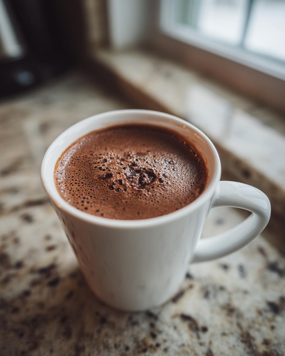 A cup of the Creamiest Chocolate Recipe on a countertop, ready to enjoy.