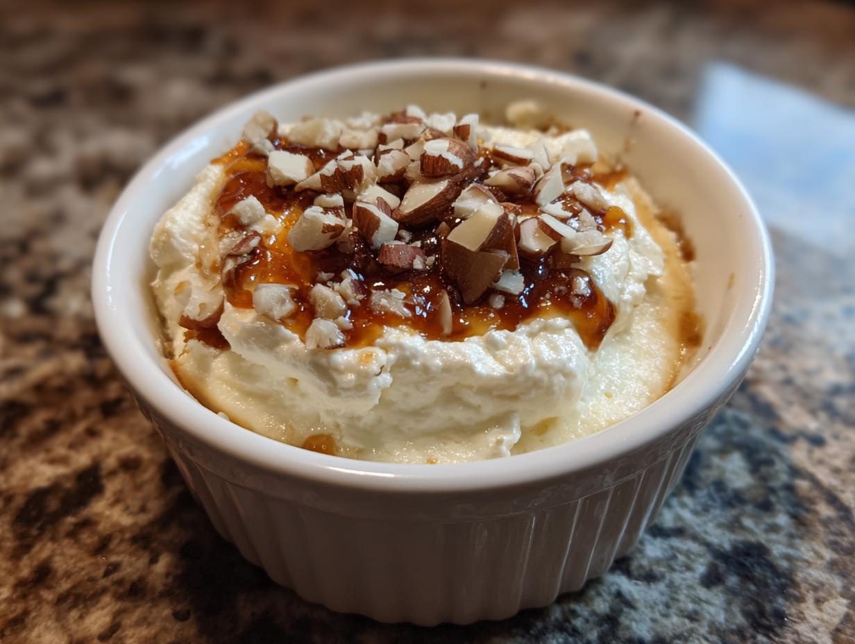 Close-up of a creamy dessert with caramel sauce and chopped almonds. This dessert is pure comfort.