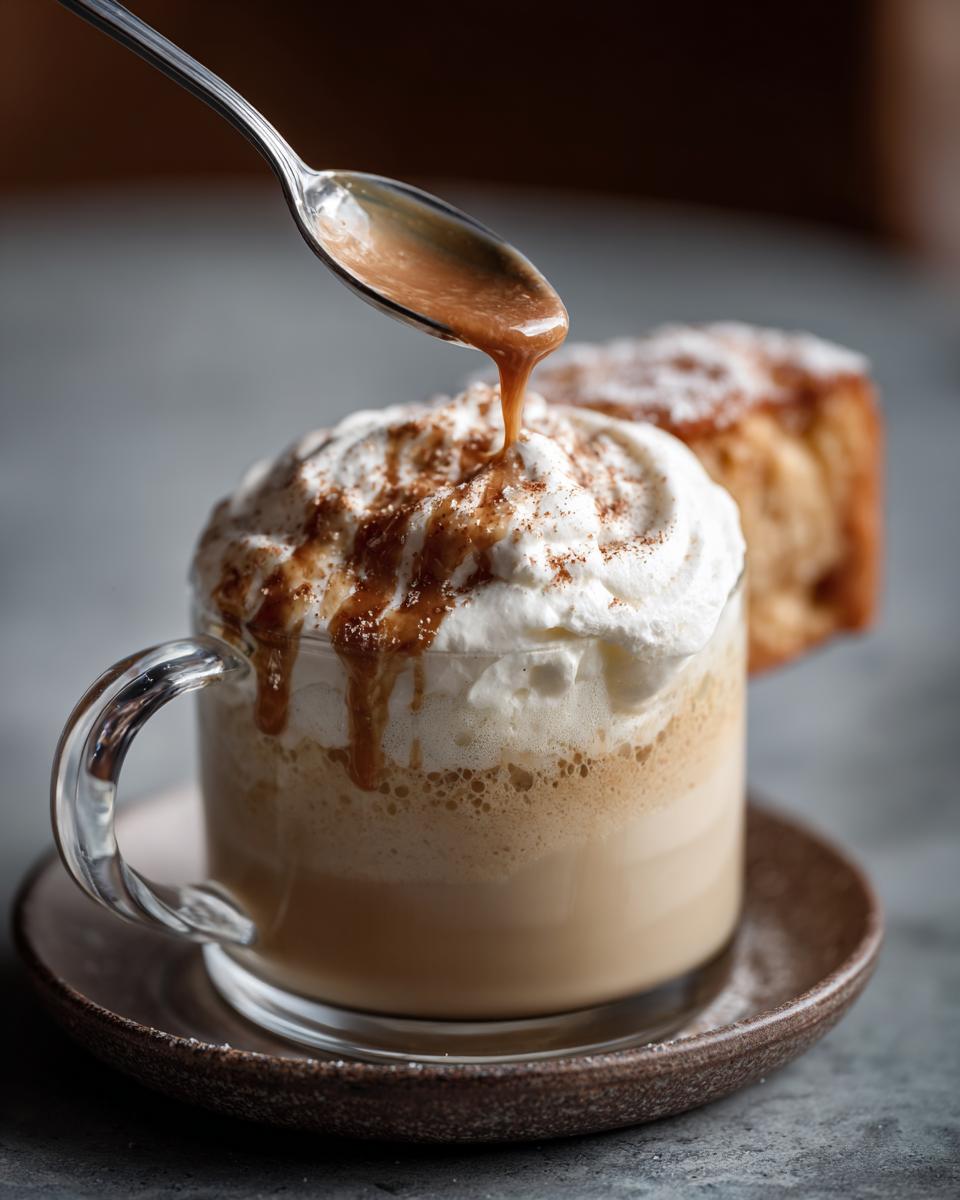 Close-up of a creamy dessert with whipped cream, caramel drizzle, and cinnamon; pure comfort.