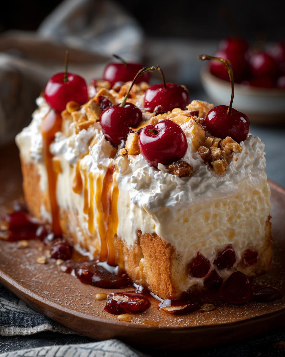 A slice of creamy dessert topped with cherries, whipped cream and caramel, pure comfort.