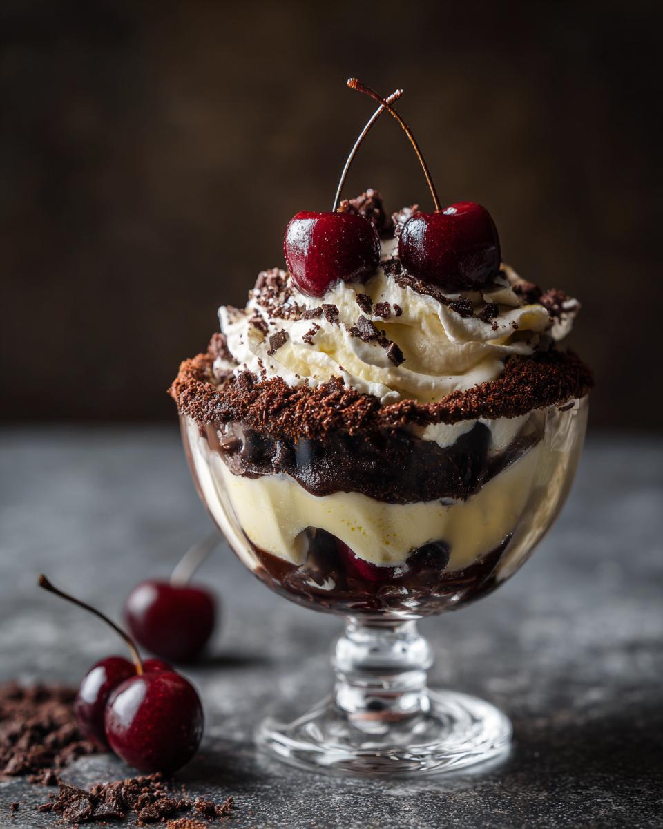 Close-up of a creamy dessert with cherries, showcasing layers of cream and chocolate, a pure comfort.