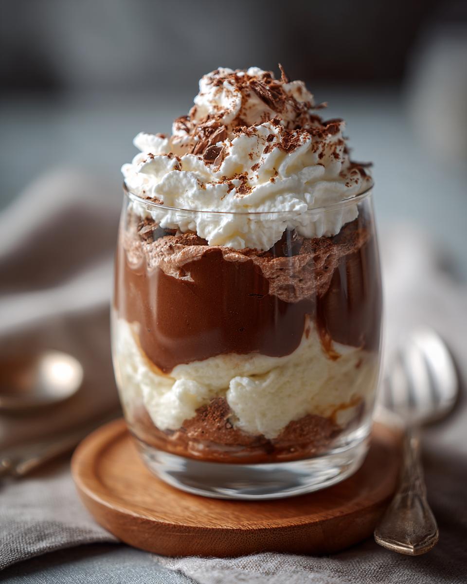 A layered creamy dessert parfait in a glass, featuring chocolate, whipped cream, and chocolate shavings; This Creamy Dessert Is Pure Comfort.