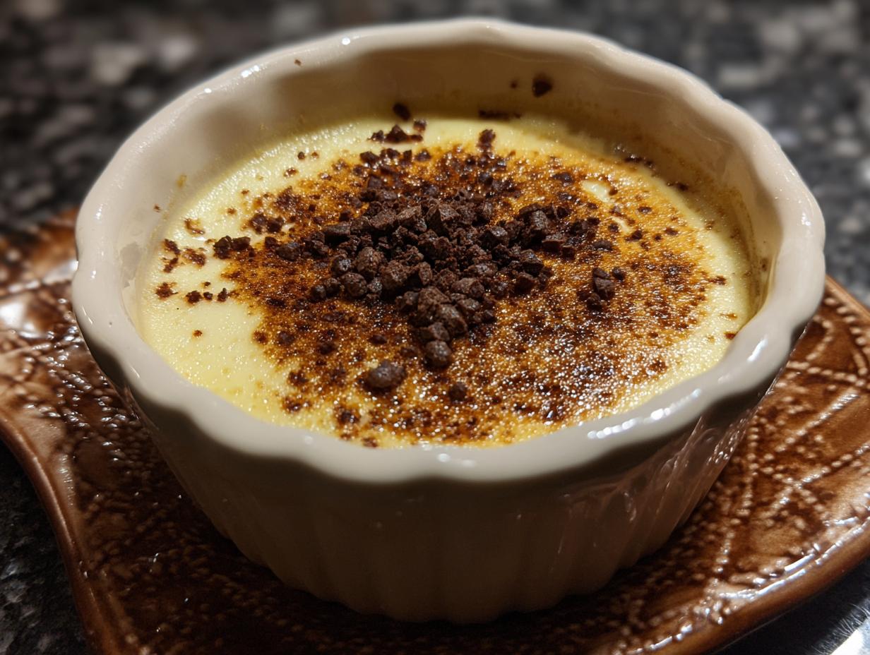 Close-up of a creamy dessert, a dish of pure comfort, topped with chocolate.