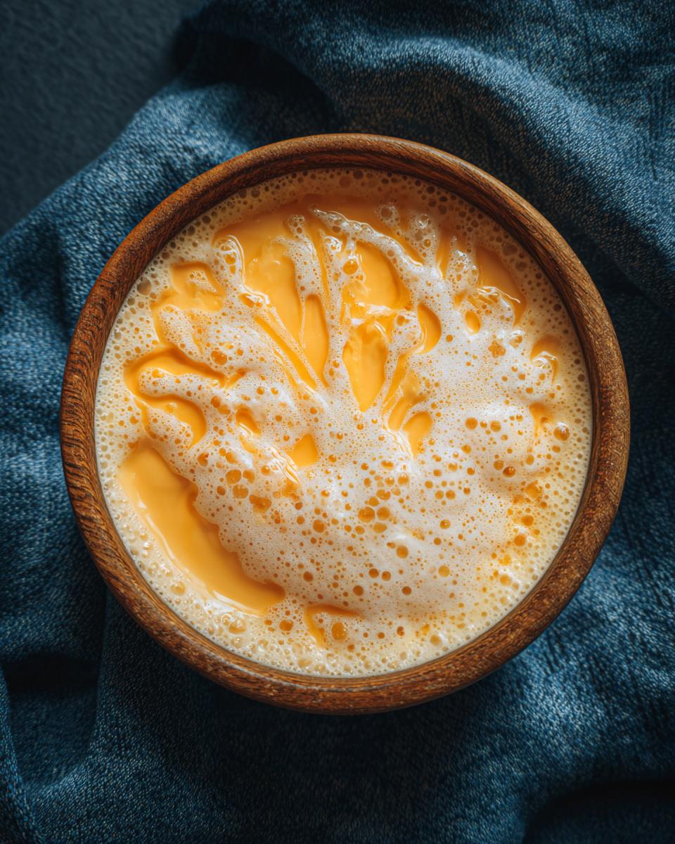 Overhead shot of a creamy dessert in a wooden bowl, the perfect comfort food.