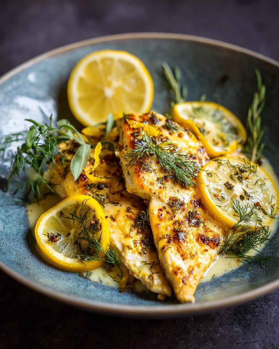 Close-up of Creamy Lemon Dill Chicken in a bowl, garnished with lemon slices and fresh dill.