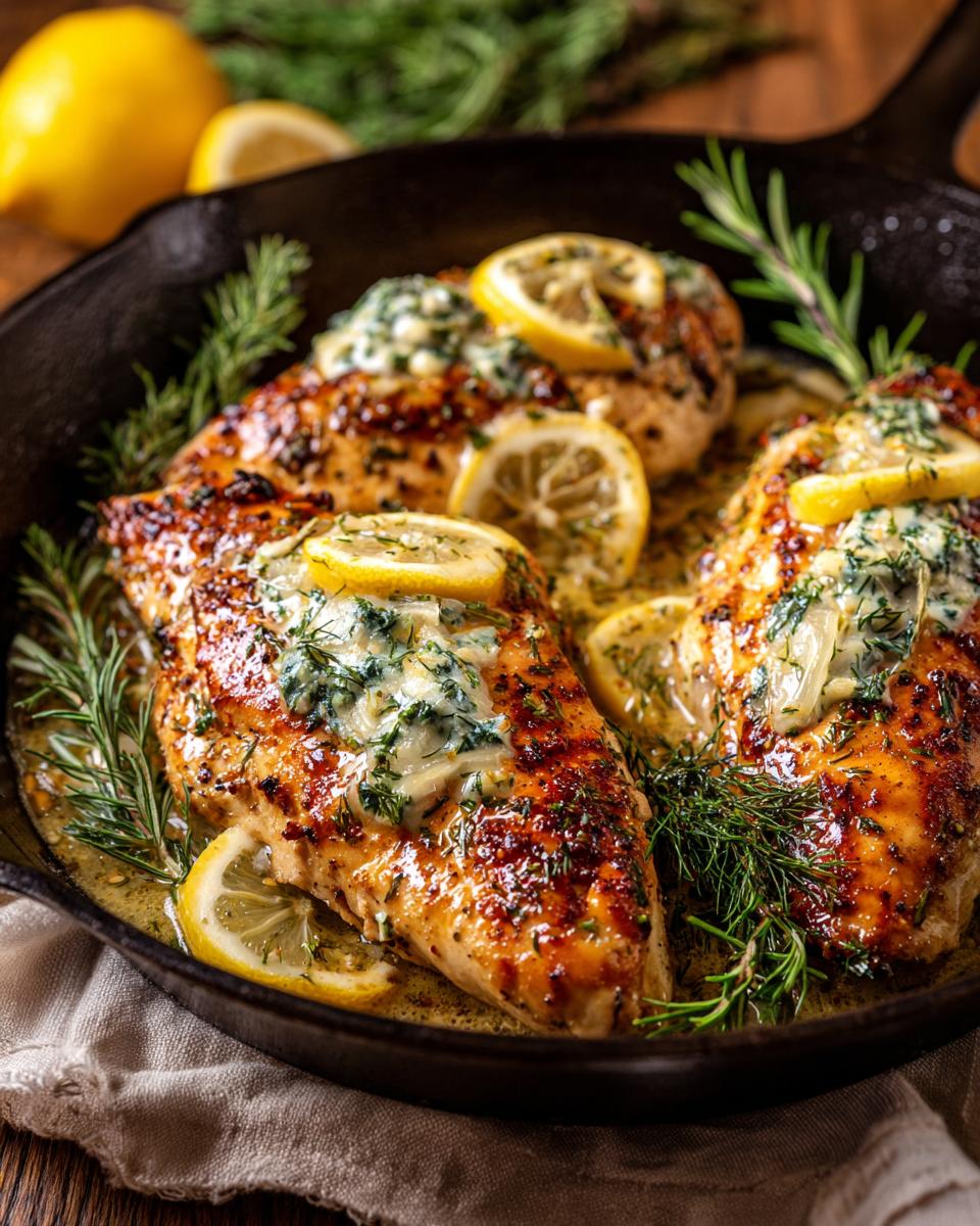 Close-up of Creamy Lemon Dill Chicken in a skillet, garnished with lemon slices and herbs.