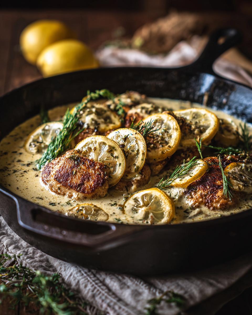 Close-up of Creamy Lemon Dill Chicken in a skillet, garnished with lemon slices and dill.