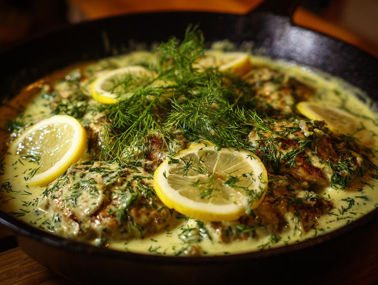Close-up of Creamy Lemon Dill Chicken in a skillet, garnished with fresh dill and lemon slices.