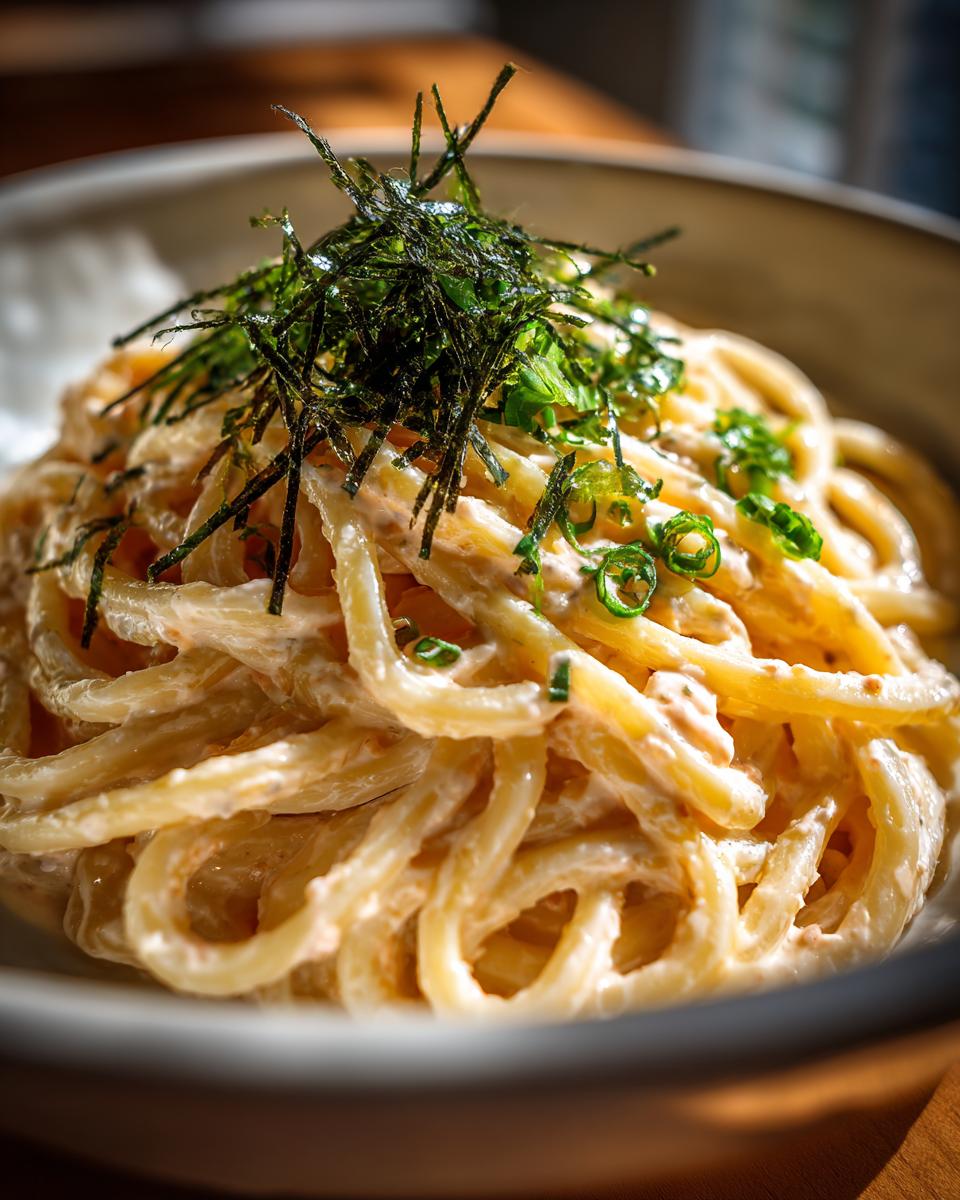 Close-up of a bowl of Creamy Mentaiko Udon, topped with seaweed and green onions.