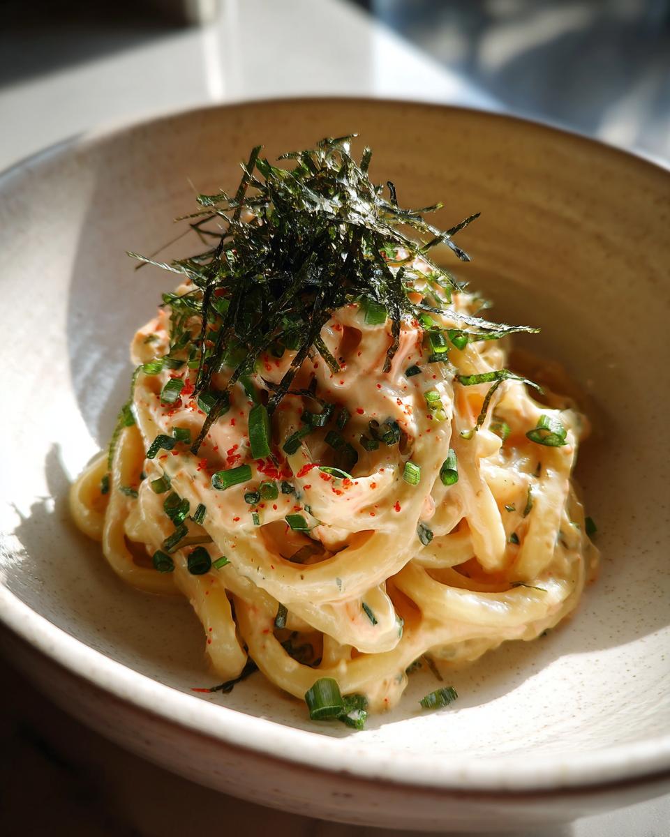 Close-up of Creamy Mentaiko Udon, a Japanese noodle dish with salty fish roe.