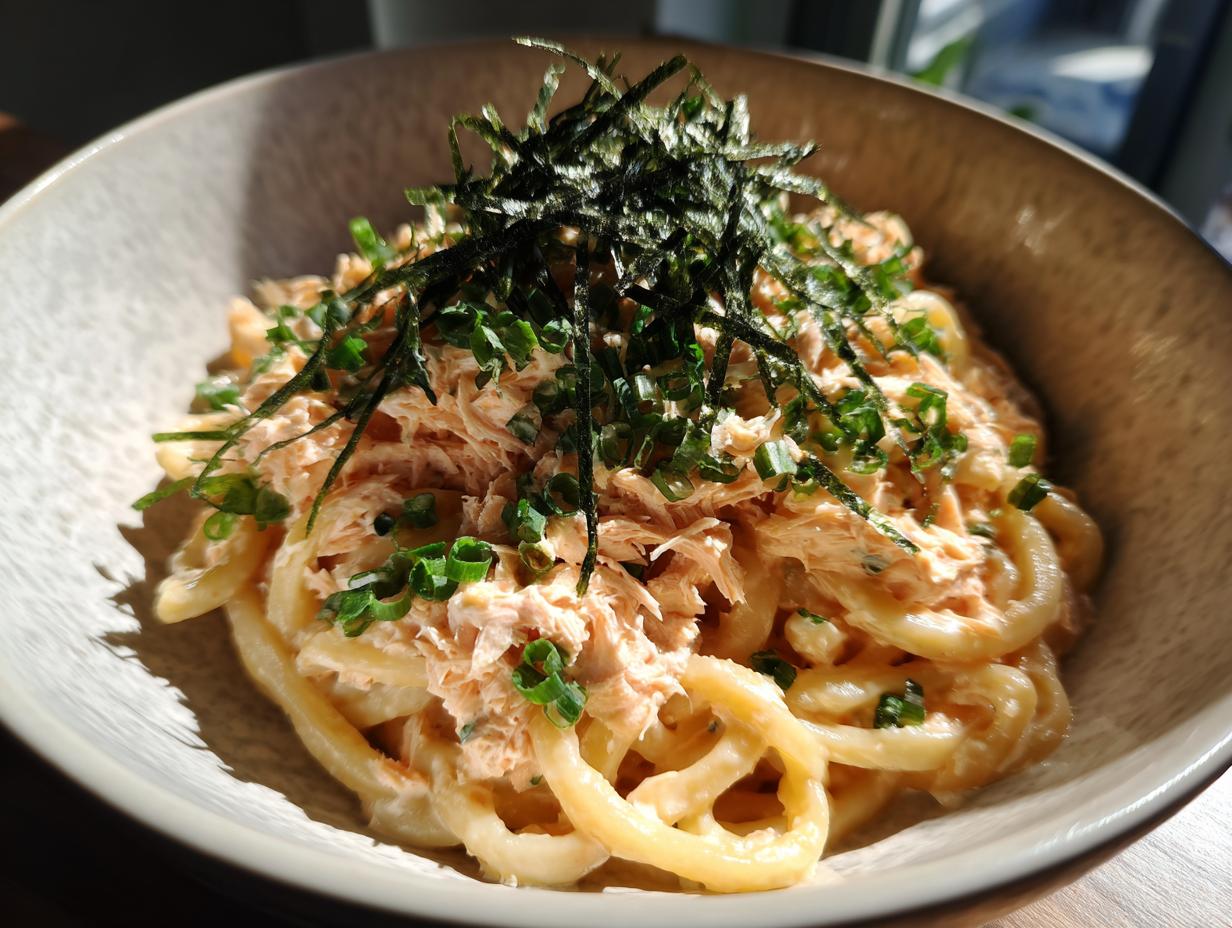 Close-up of a bowl of Creamy Mentaiko Udon, topped with shredded nori and green onions.