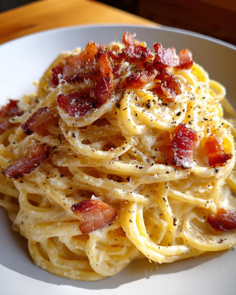 Close-up of creamy pasta with bacon and black pepper. This recipe has millions of views online!