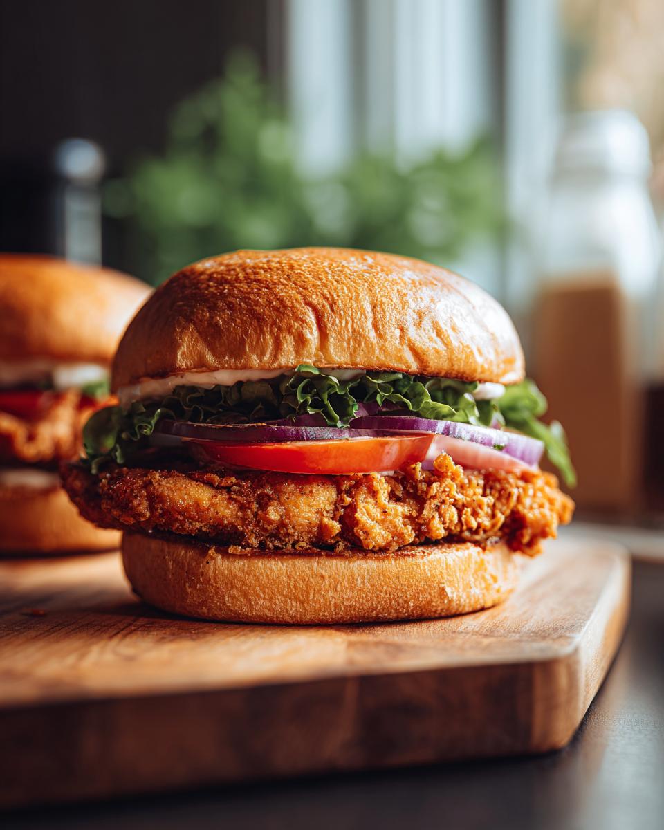 Close-up of a juicy Crispy Air Fryer Chicken Burger with fresh toppings on a wooden board.