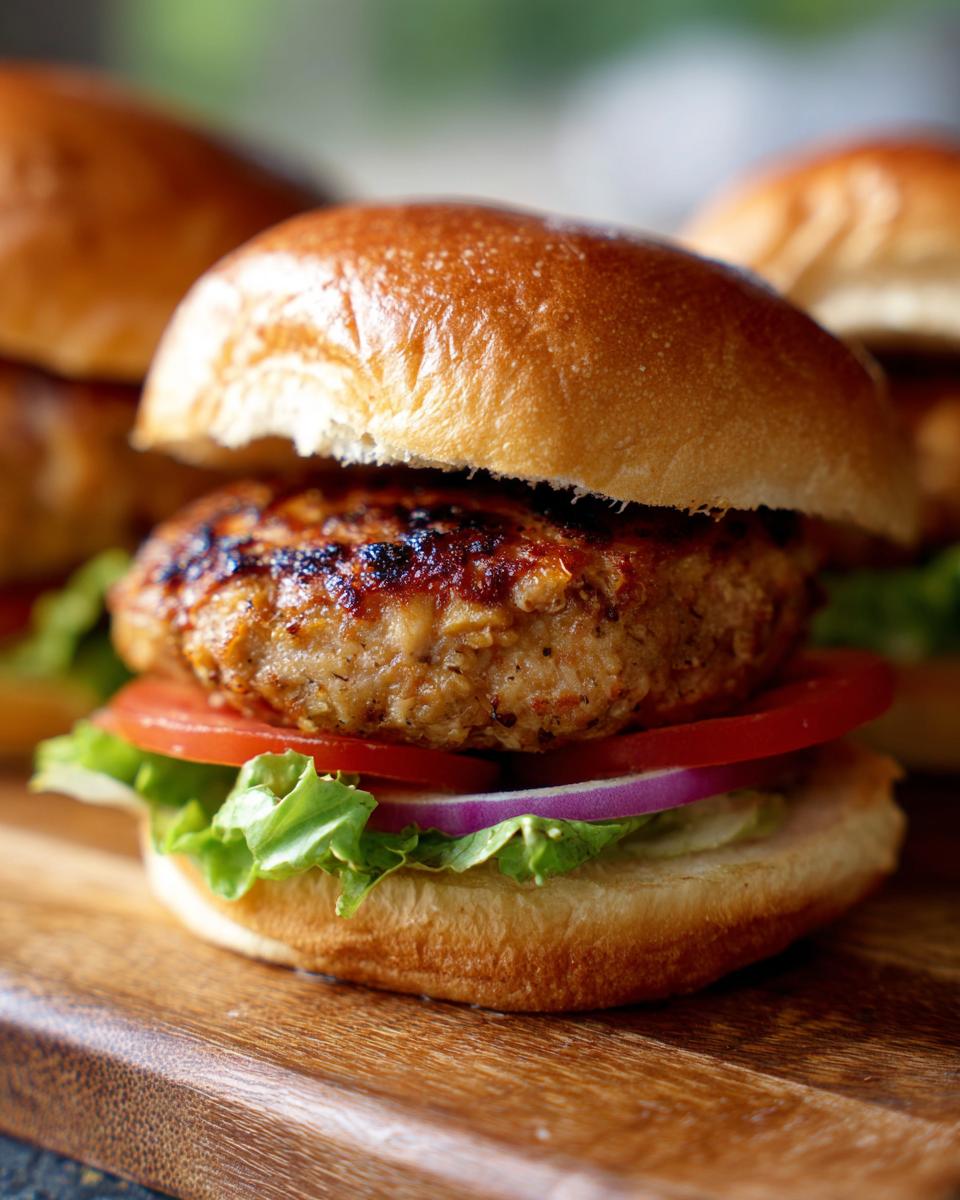 Close-up of a delicious Crispy Air Fryer Chicken Burger on a wooden board with fresh toppings.