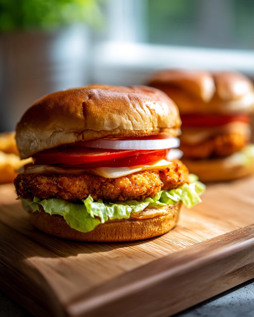 Close-up of a fully assembled crispy air fryer chicken burger with lettuce, tomato, and onion.
