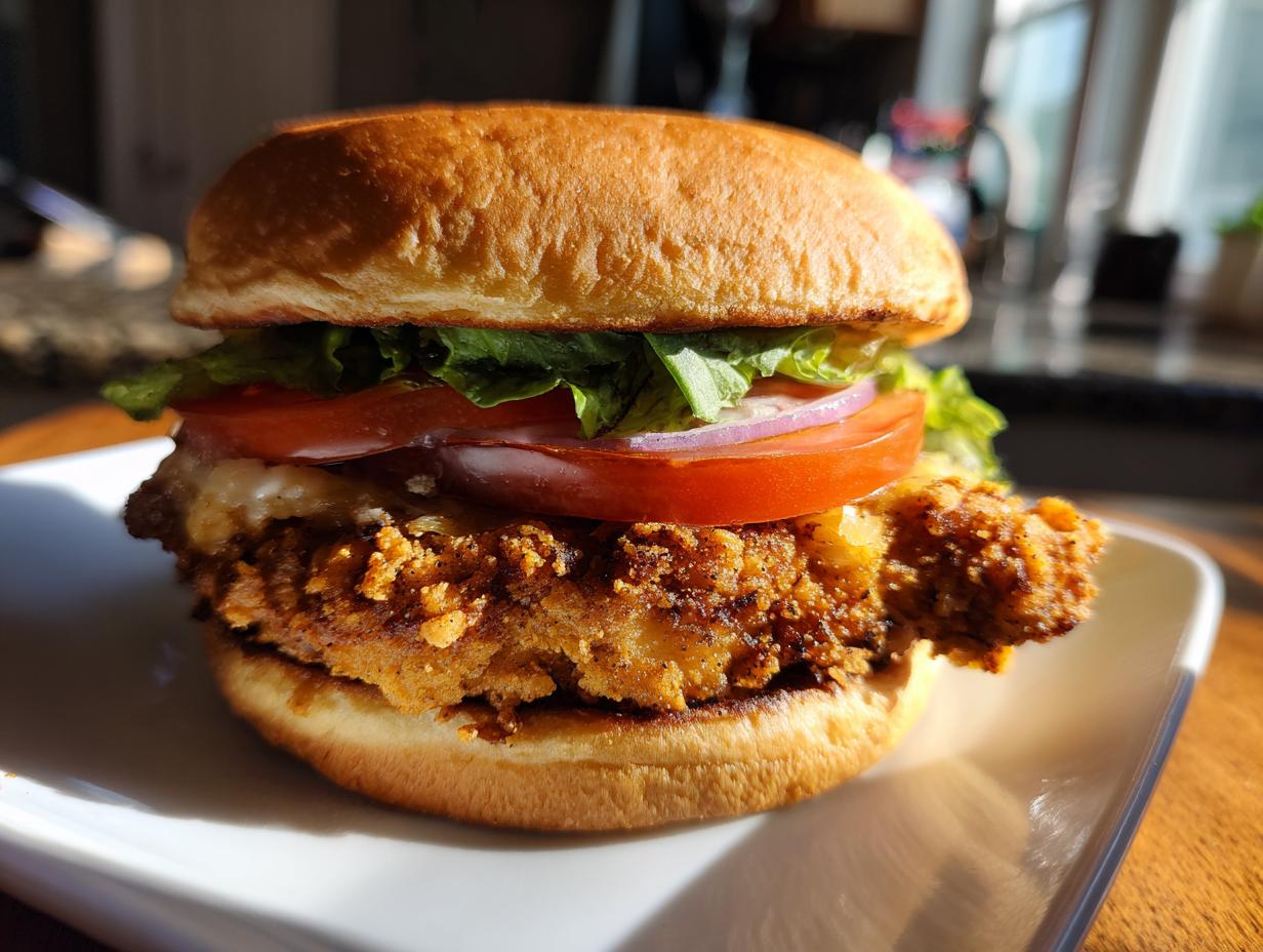Close-up of a fully loaded crispy air fryer chicken burger with lettuce, tomato, and red onion.