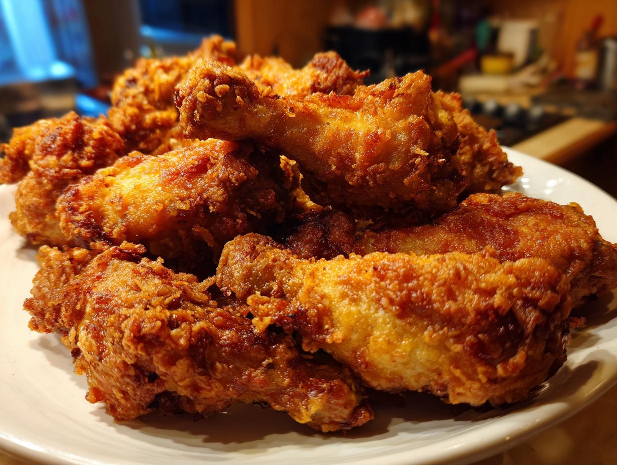 Close-up of a plate of crispy fried chicken. Learn the easiest way to make crispy chicken at home.