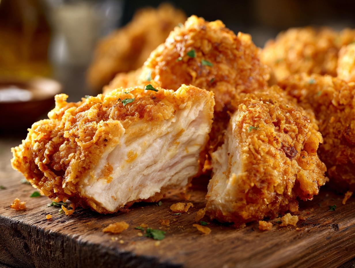 Close-up of crispy chicken, showing the juicy inside and golden-brown crust. Perfect crispy chicken recipe.
