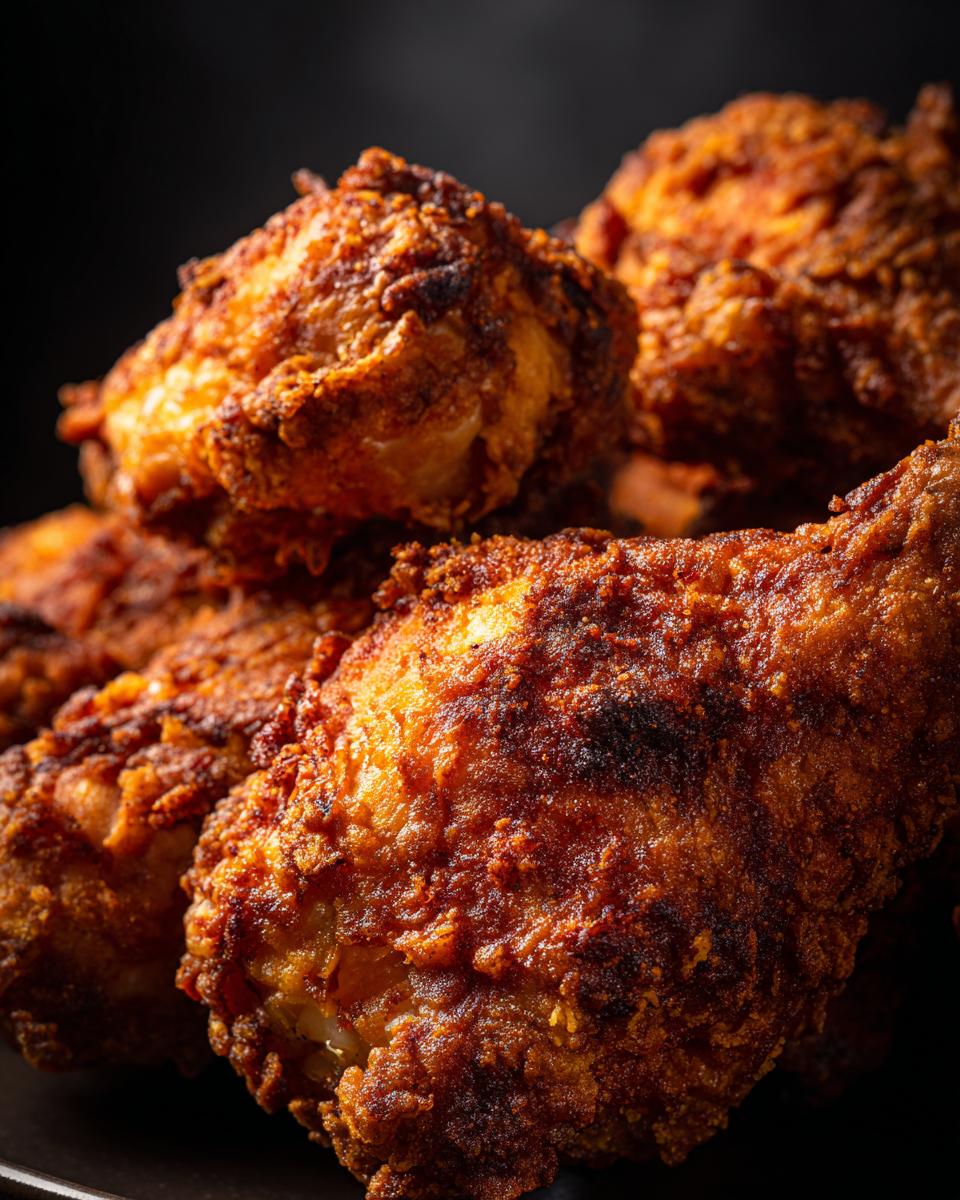 Close-up of golden, crispy fried chicken, showcasing the perfect texture of the crispy chicken.