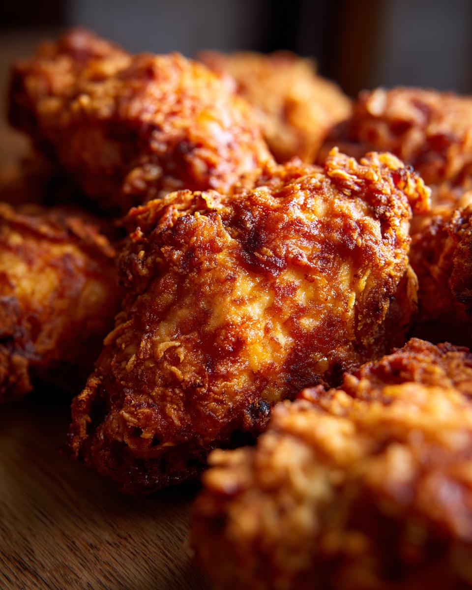 Close-up of golden, crispy chicken pieces, the perfect result of the easiest way to make crispy chicken.