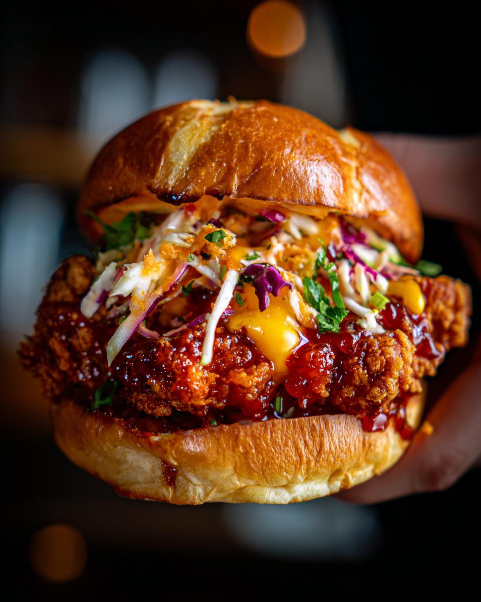 Close-up of a delicious crispy chicken sandwich with coleslaw and sauce; perfect for making crispy chicken.