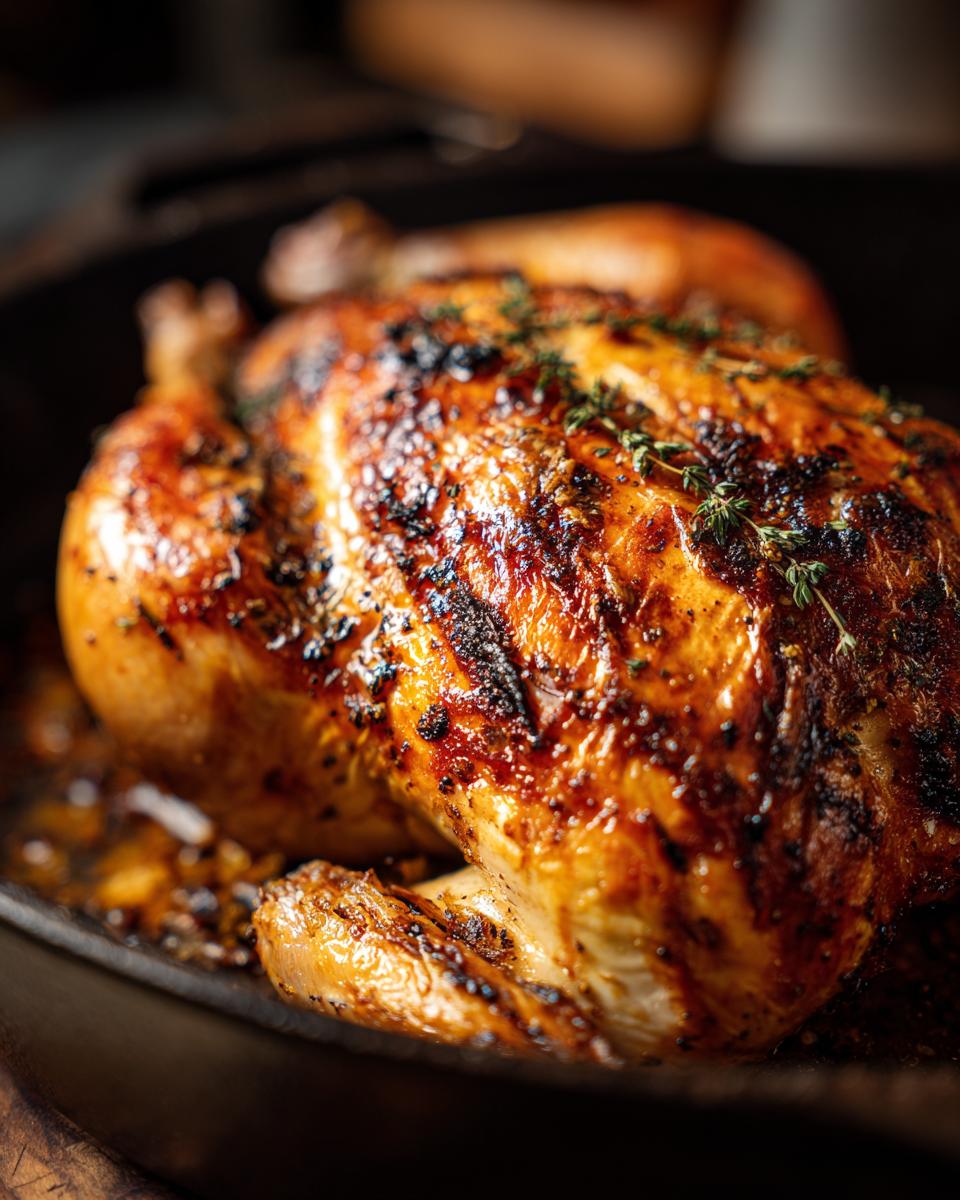 Whole roasted chicken in a cast iron skillet, perfect for making crispy chicken at home.