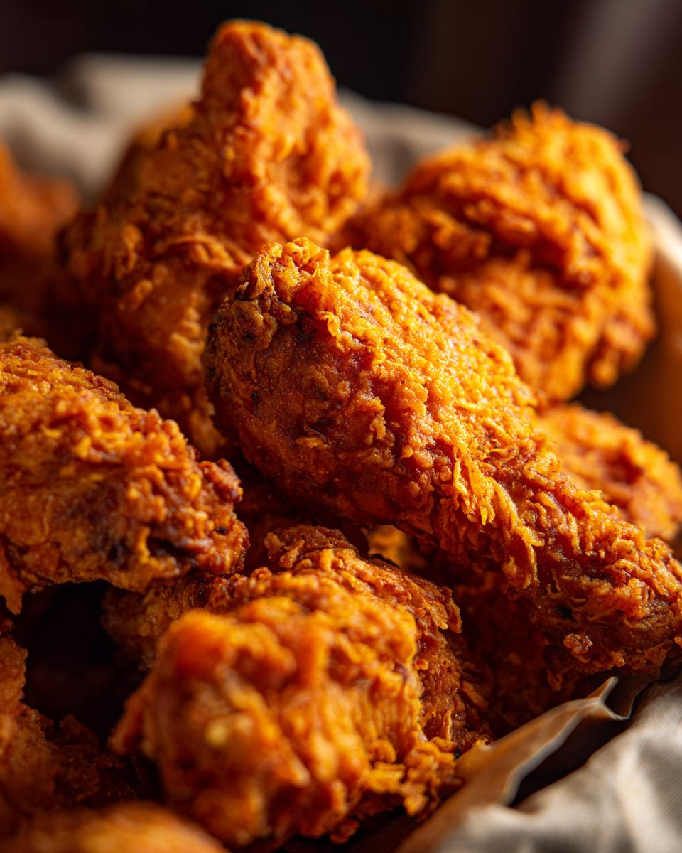 Close-up of golden, crispy fried chicken. The Easiest Way to Make Crispy Chicken.