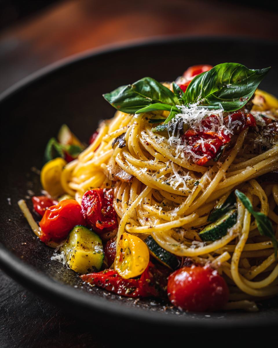 Close-up of Delicious Vegetable Pasta with fresh tomatoes, zucchini, and basil.