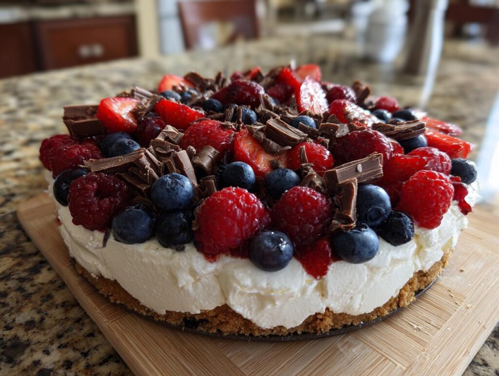 A beautiful dessert that always impresses, topped with fresh berries and chocolate.