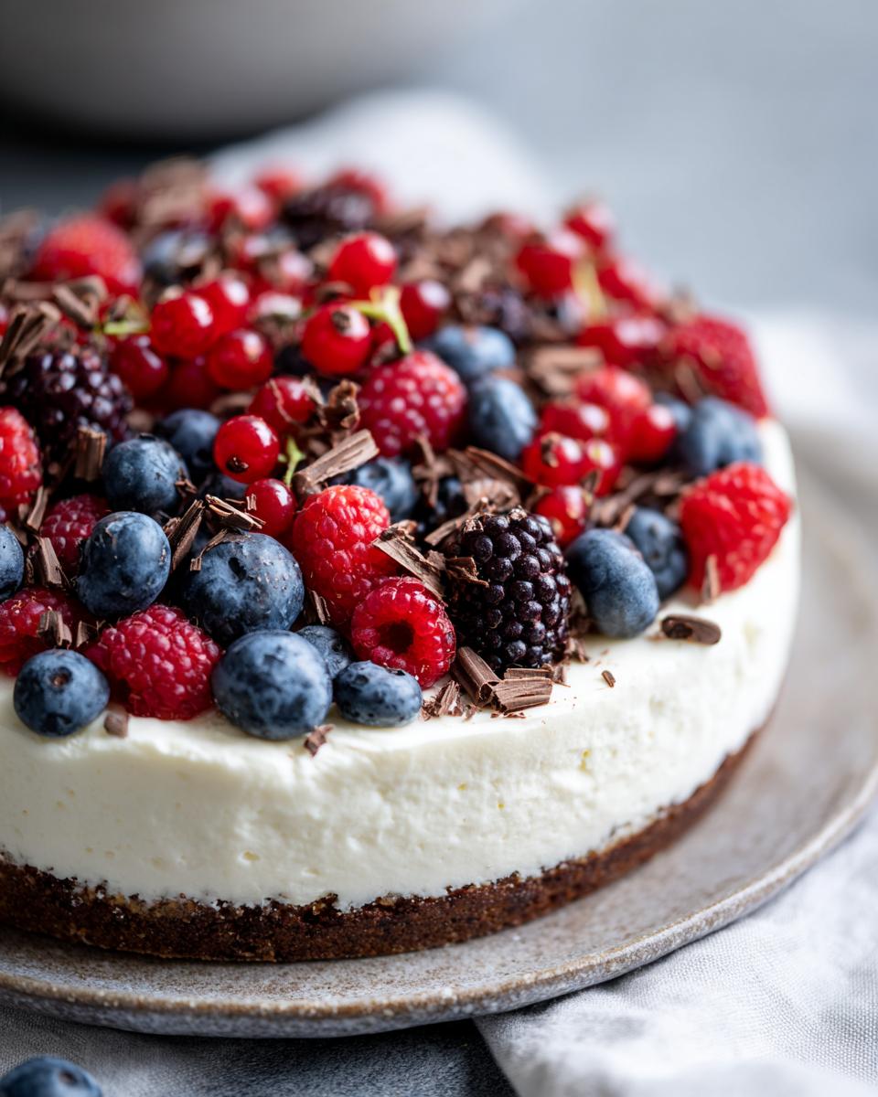 A beautiful dessert that always impresses, topped with fresh berries and chocolate shavings.