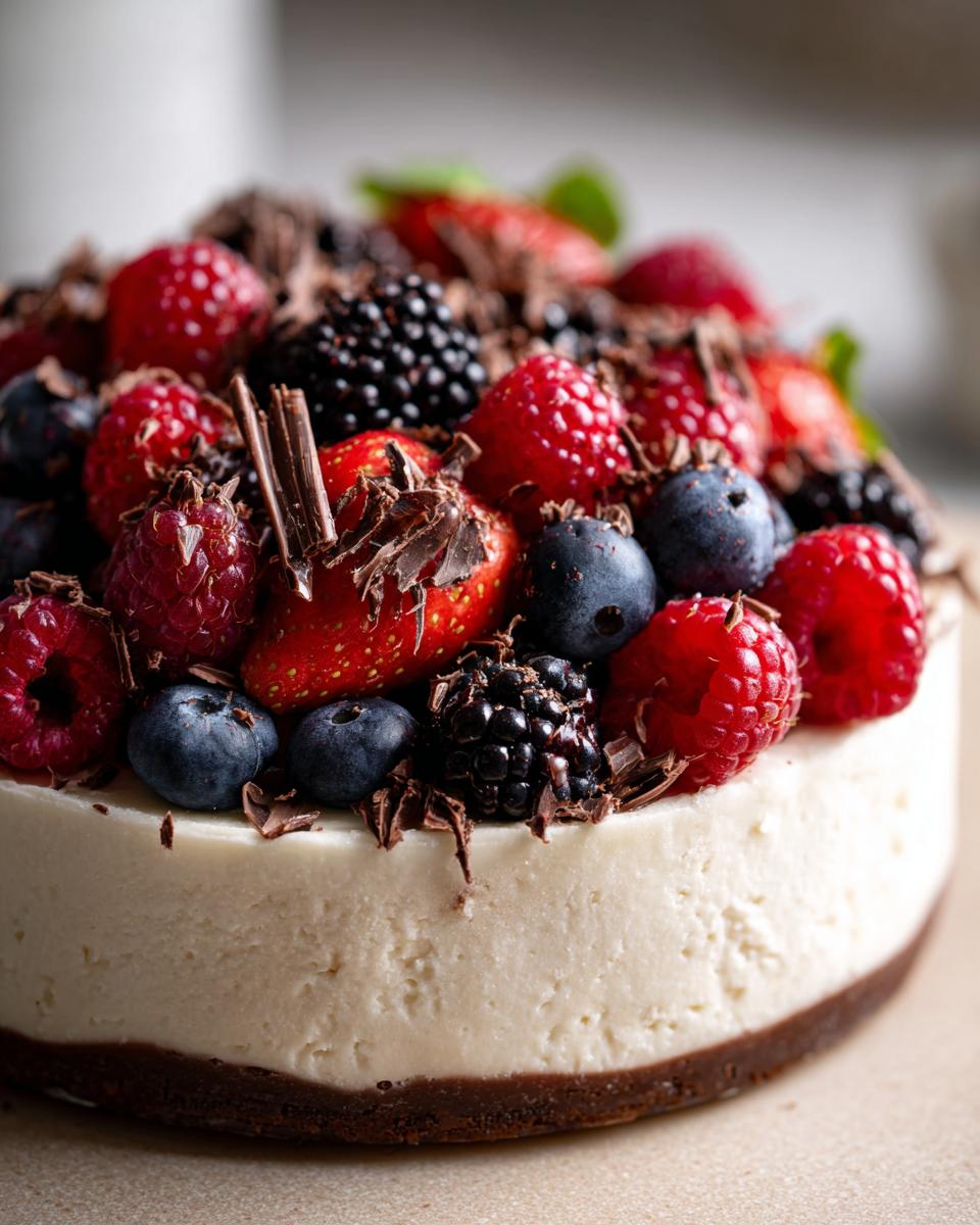 A beautiful dessert that always impresses, topped with fresh berries and chocolate shavings.