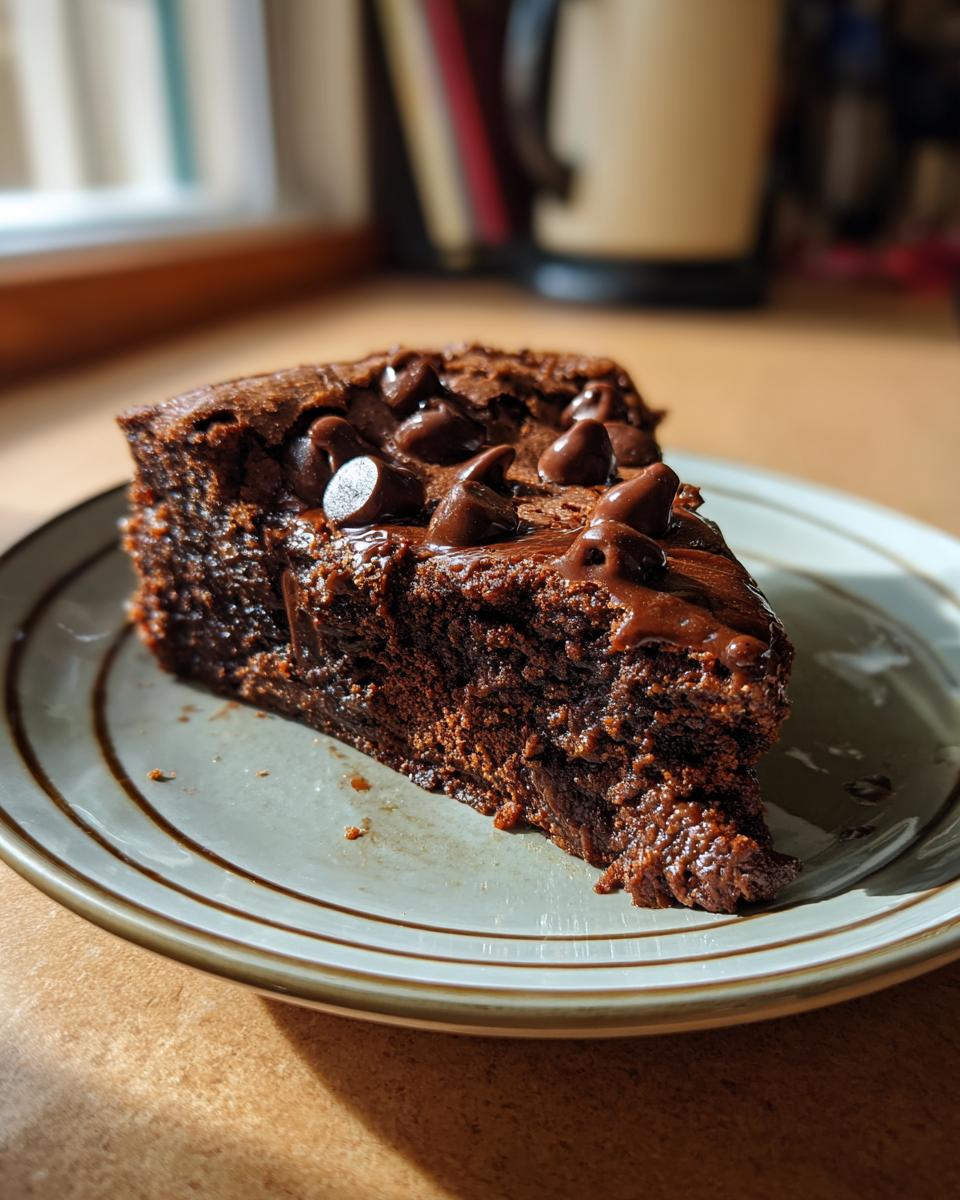 A slice of chocolate cake, the dessert that disappears in minutes, topped with chocolate chips.
