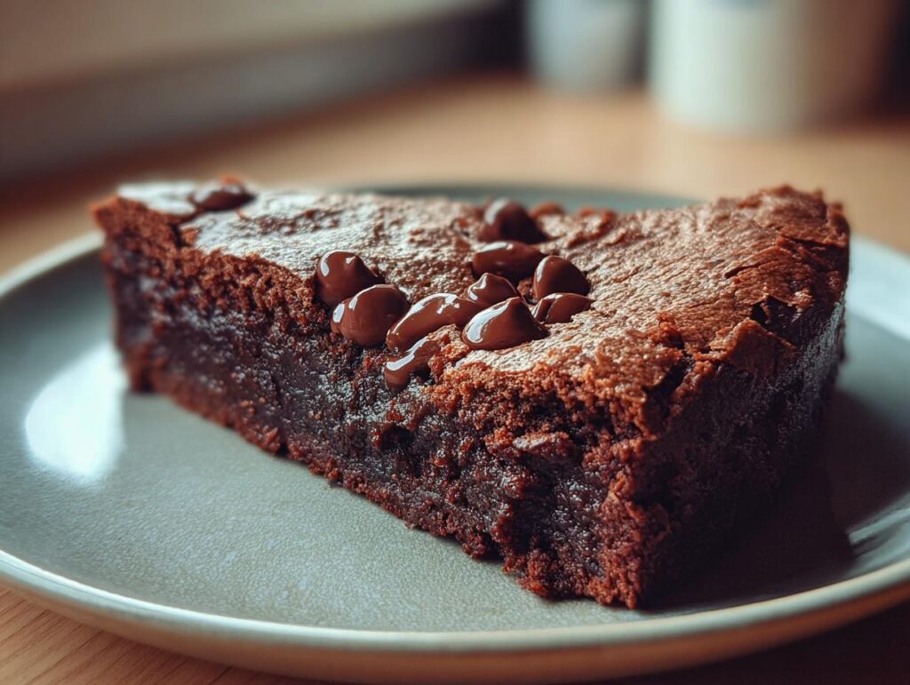 A slice of chocolate dessert, The Dessert That Disappears in Minutes, topped with chocolate chips.
