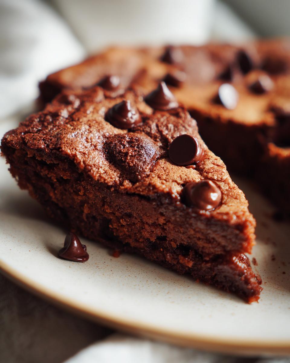 Close-up of a slice of The Dessert That Disappears in Minutes, a chocolate dessert with chocolate chips.