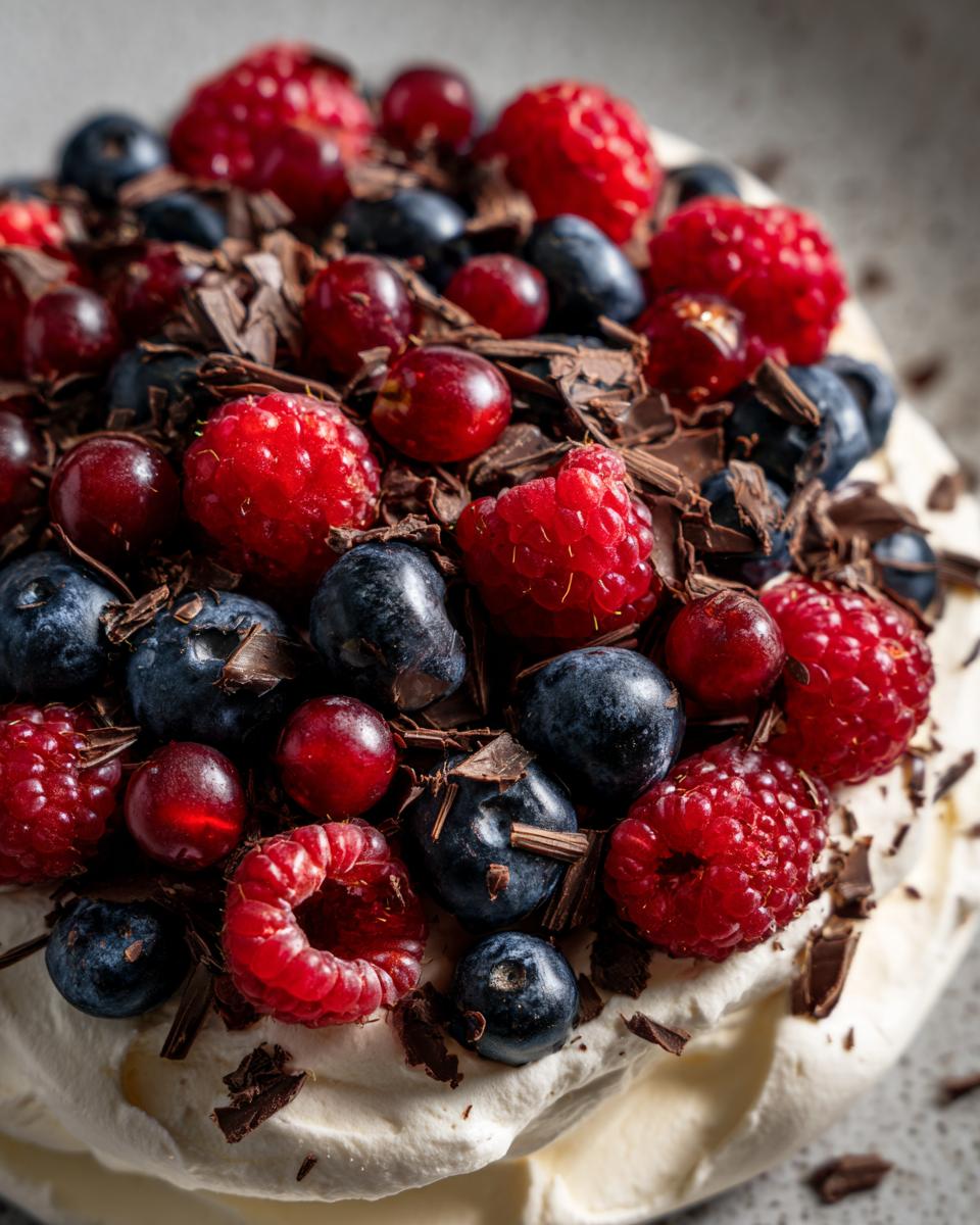 Close-up of a pavlova dessert topped with fresh berries and chocolate shavings, the easiest dessert that always impresses.